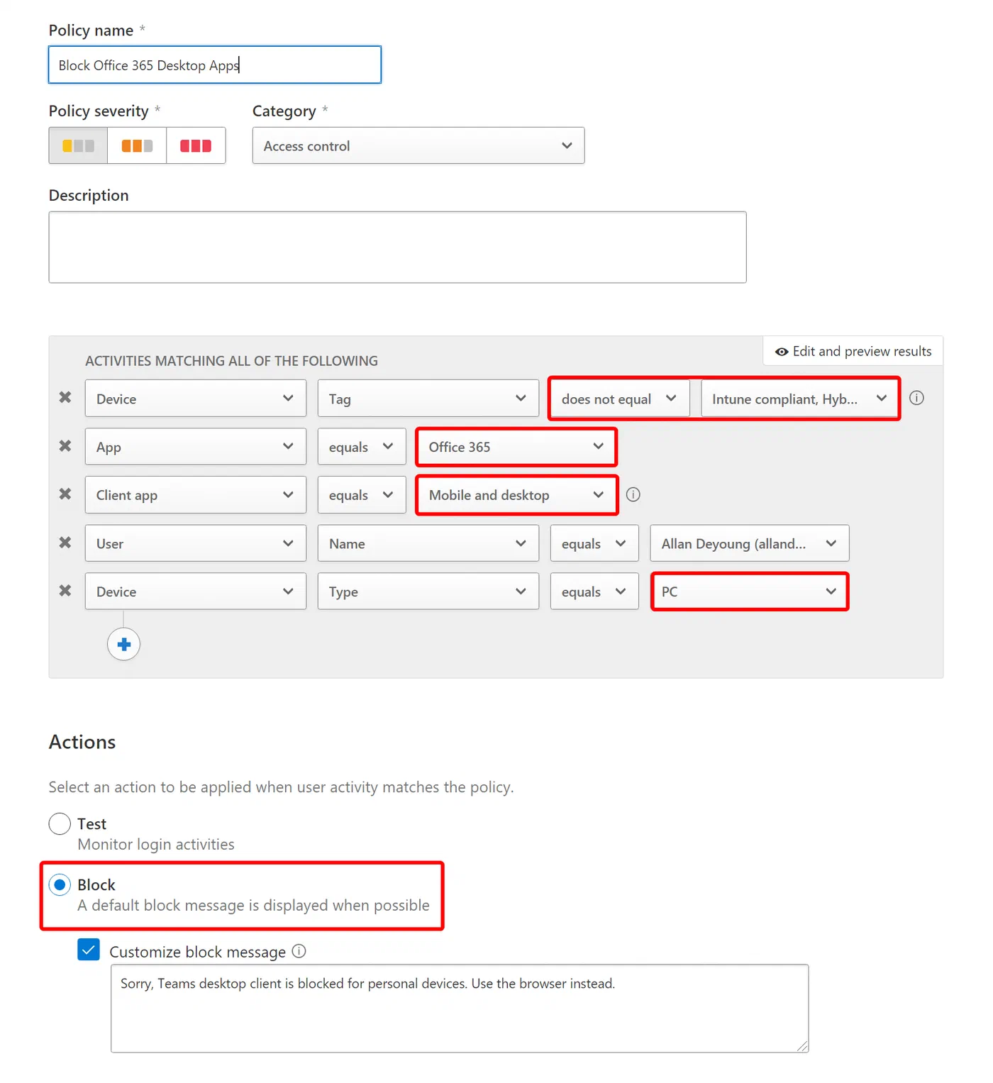 Cloud App Security access policy for restricting desktop application access