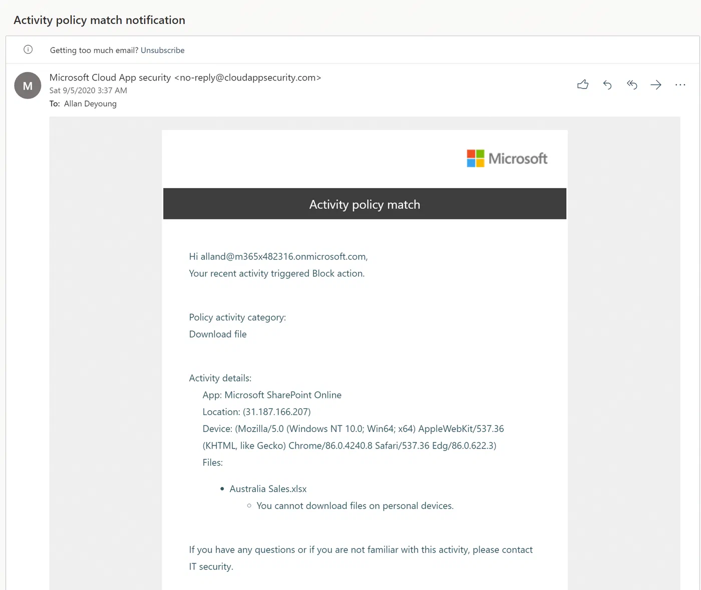 Email notification sent after a file download is blocked