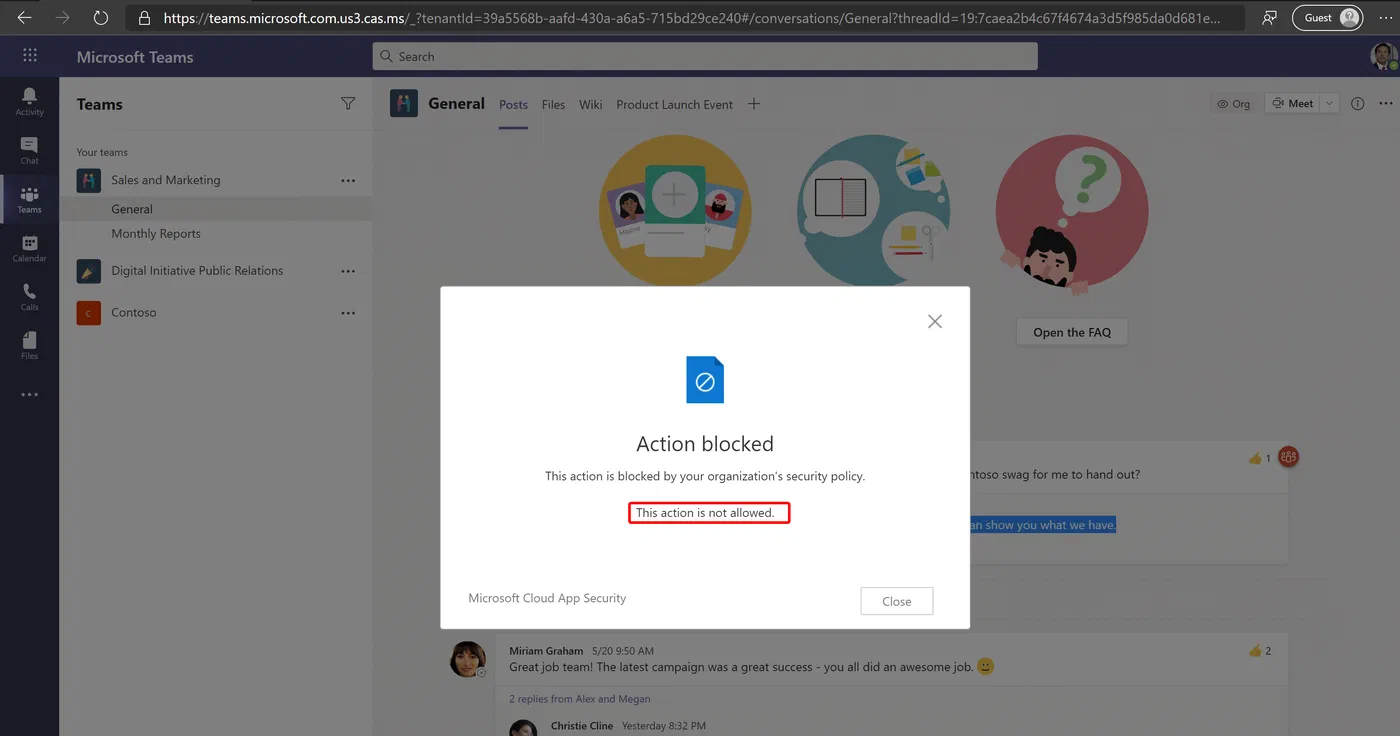 Cloud App Security blocking a copy or paste action in the browser