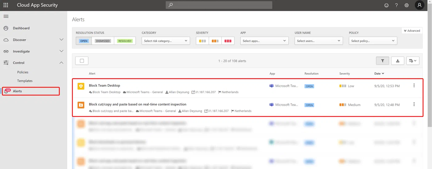 Cloud App Security alerts list showing matches for configured policies