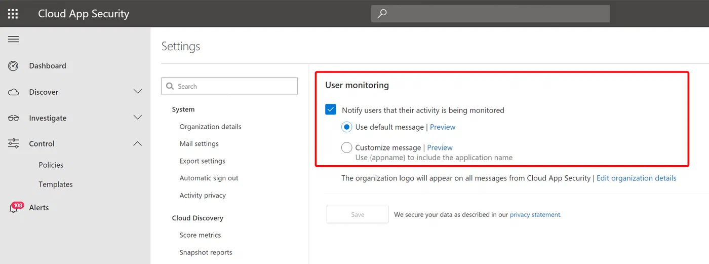 Cloud App Security settings for customizing or disabling the session prompt