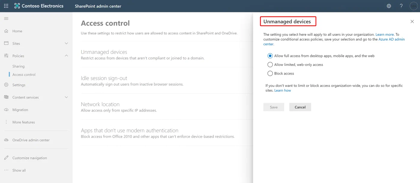 SharePoint settings for limiting access from unmanaged devices