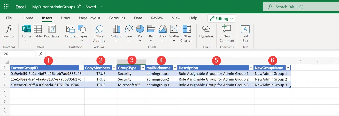 Excel source file columns for configuring role-assignable groups