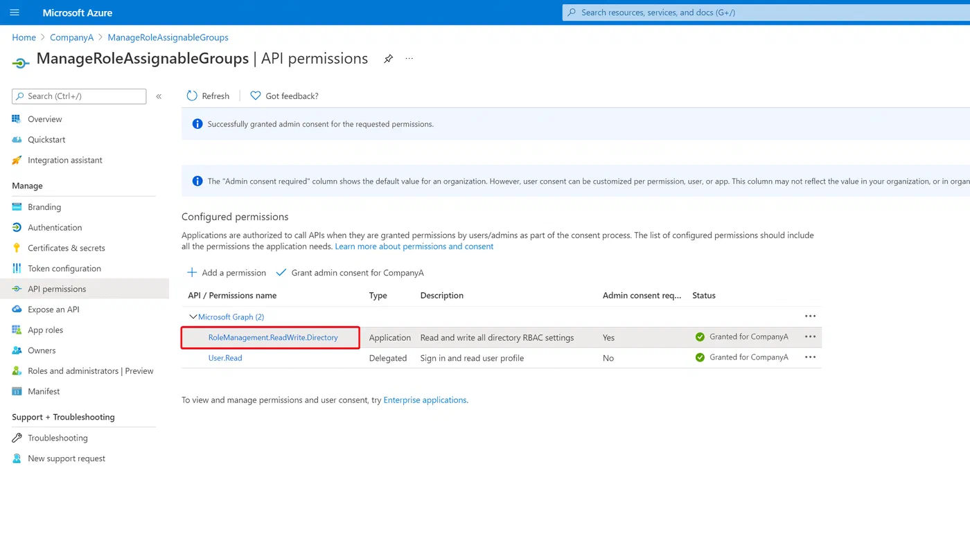 Azure app registration showing directory permissions for group creation