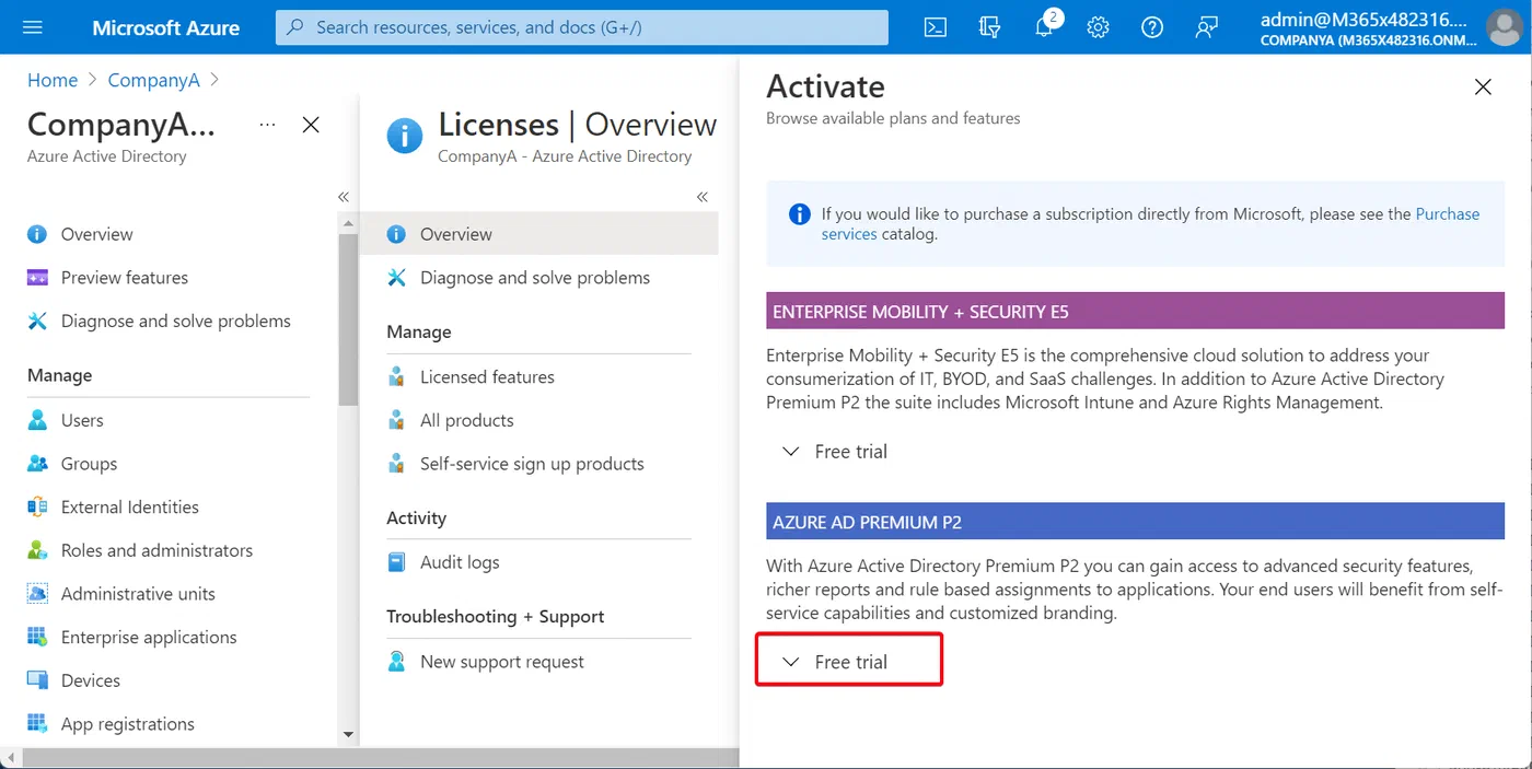Azure portal showing premium licensing features for Identity Protection