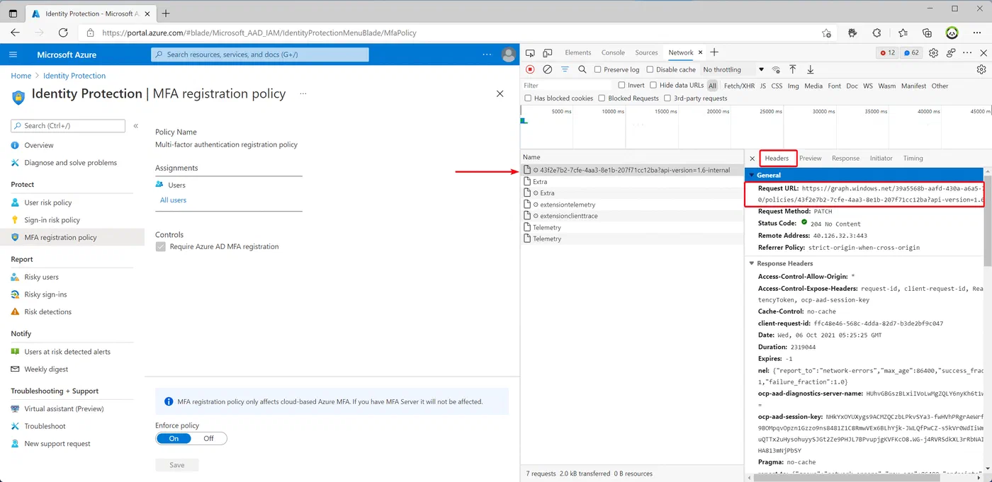 Browser network request details for the MFA registration policy