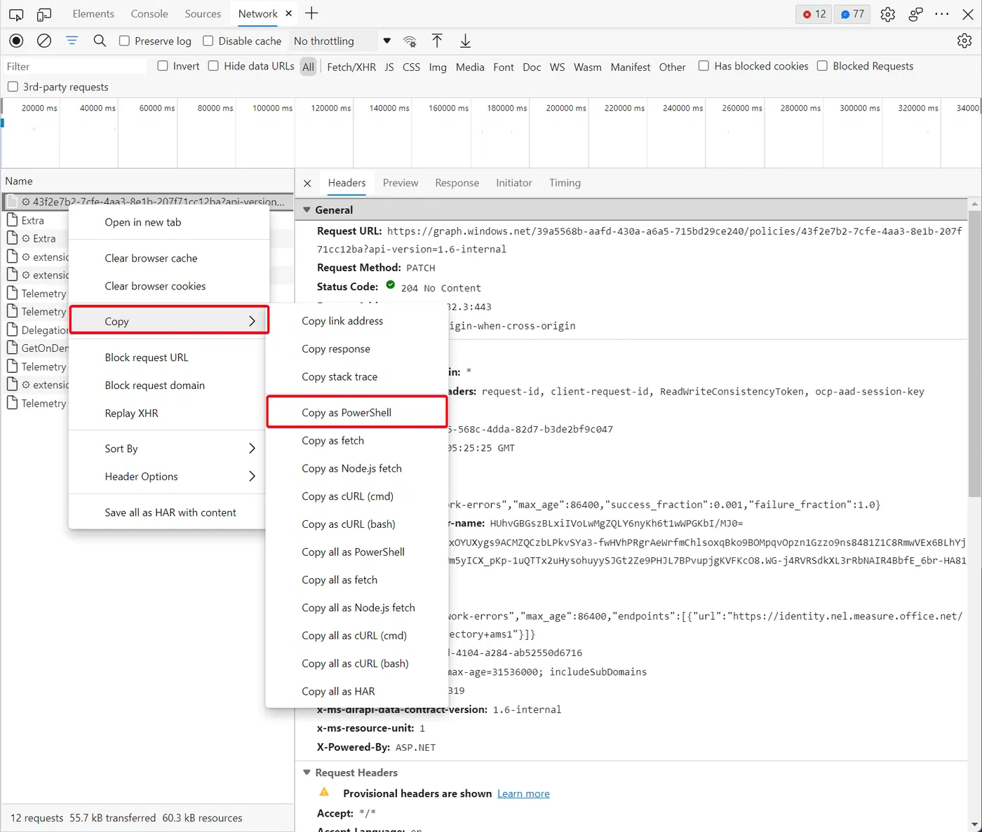 Browser developer tools menu for copying a request as PowerShell