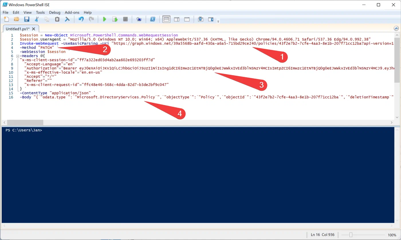 PowerShell request showing the MFA registration policy settings