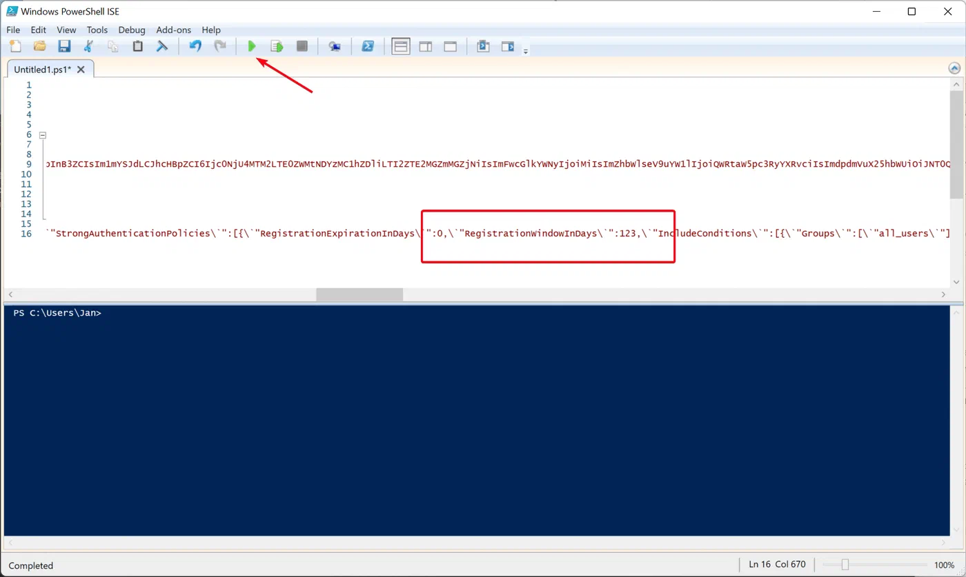 PowerShell script editing the MFA registration policy value