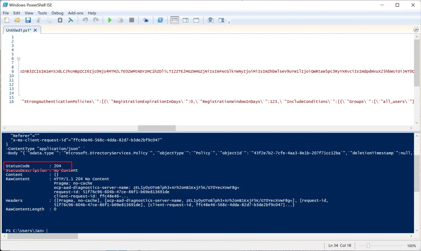 Successful policy update response shown as HTTP status 204