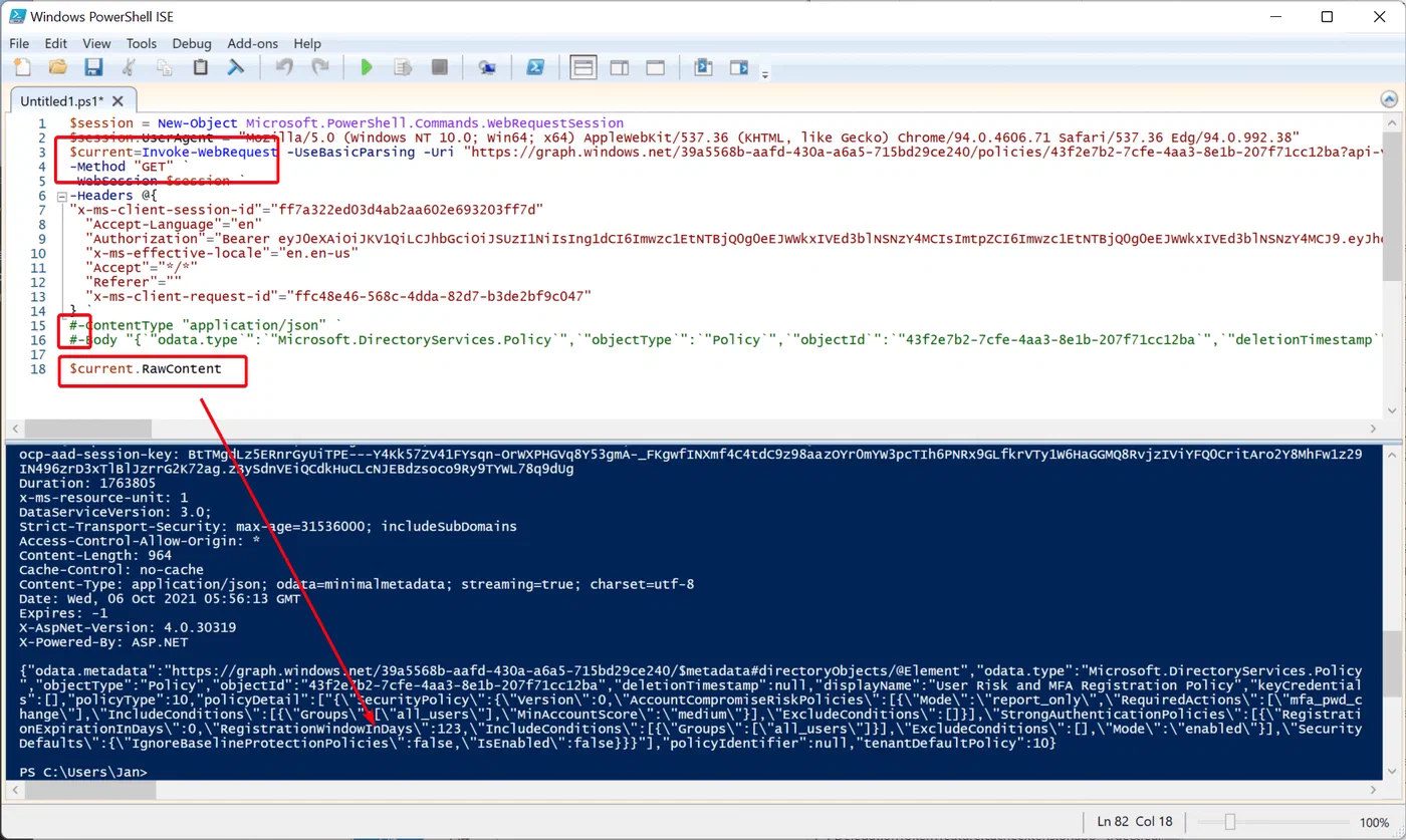 PowerShell request displaying the current MFA registration policy settings