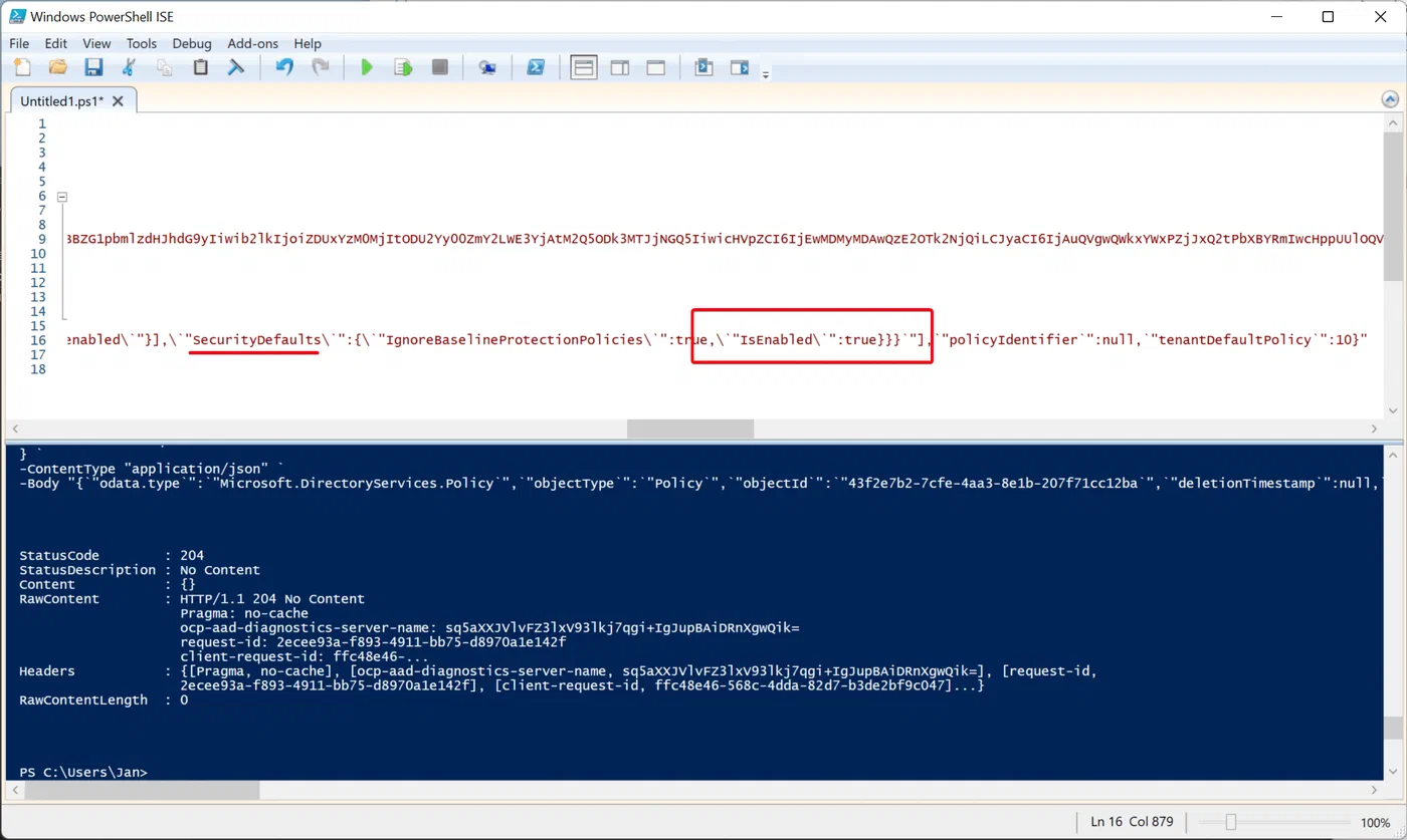 Policy request enabling both Security Defaults and MFA registration