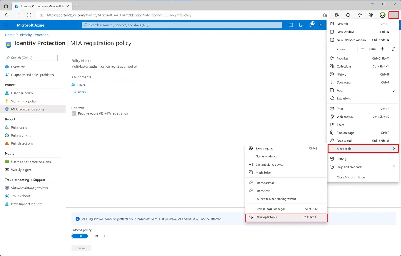 Azure portal developer tools menu for inspecting the MFA policy