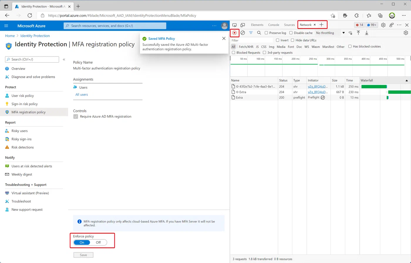 Browser developer tools network tab recording policy change requests