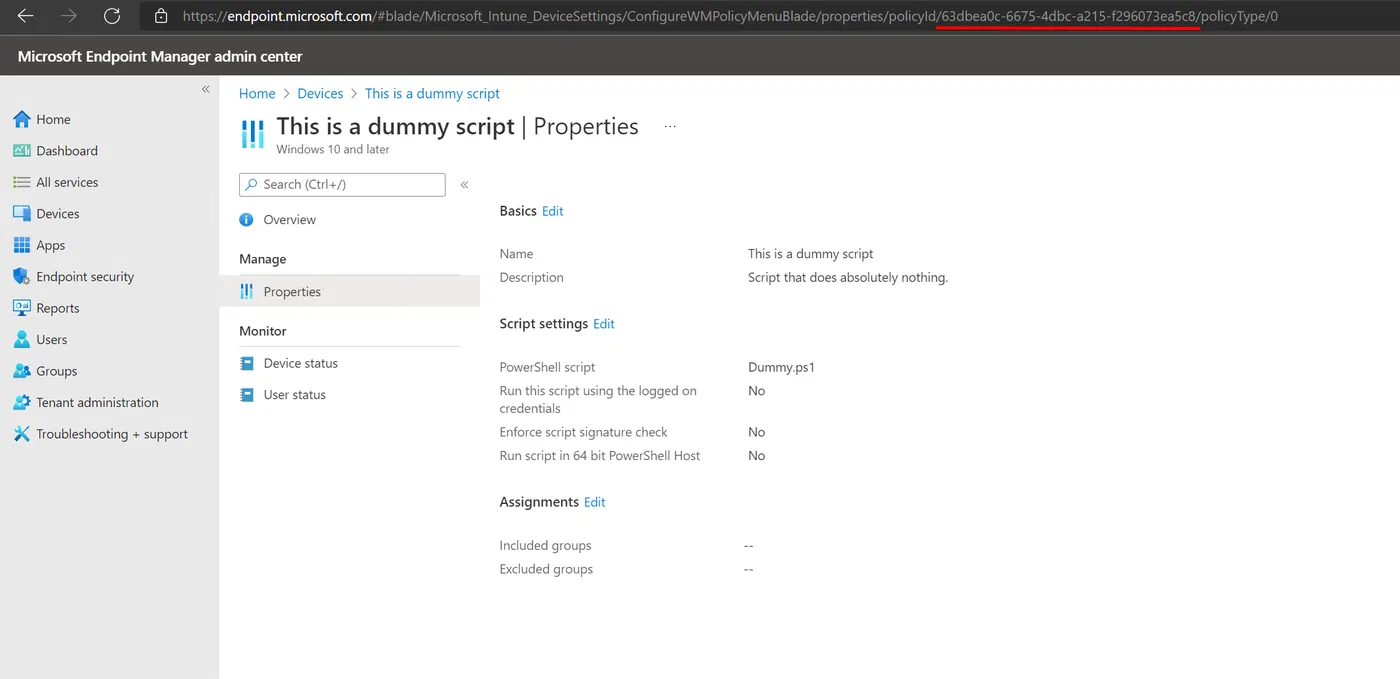 Microsoft Endpoint Manager page showing an Intune script identifier