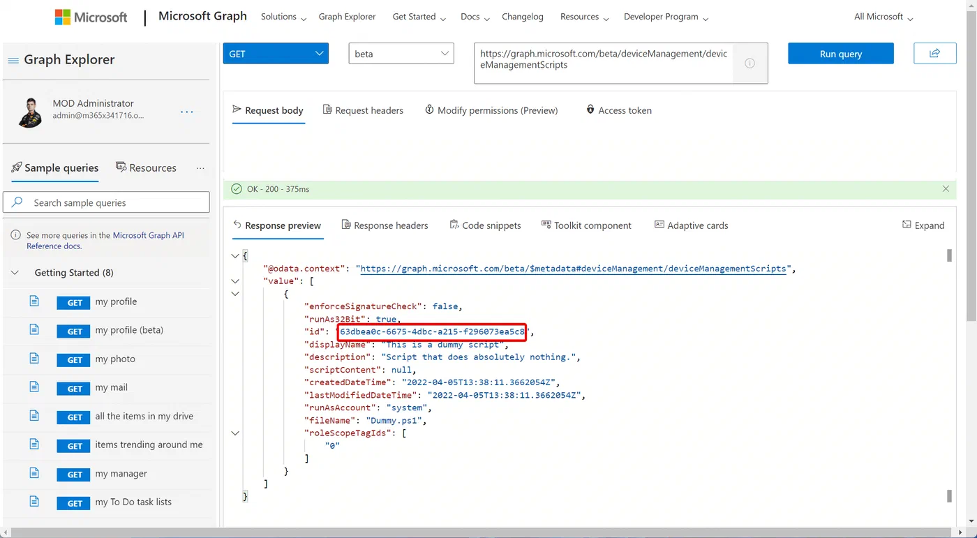 Graph Explorer results listing uploaded Intune PowerShell scripts