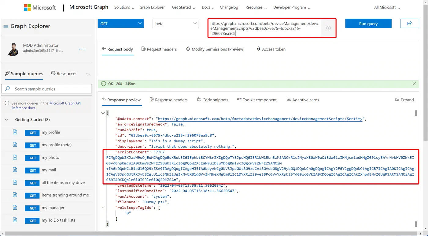Graph Explorer response containing the Intune script content