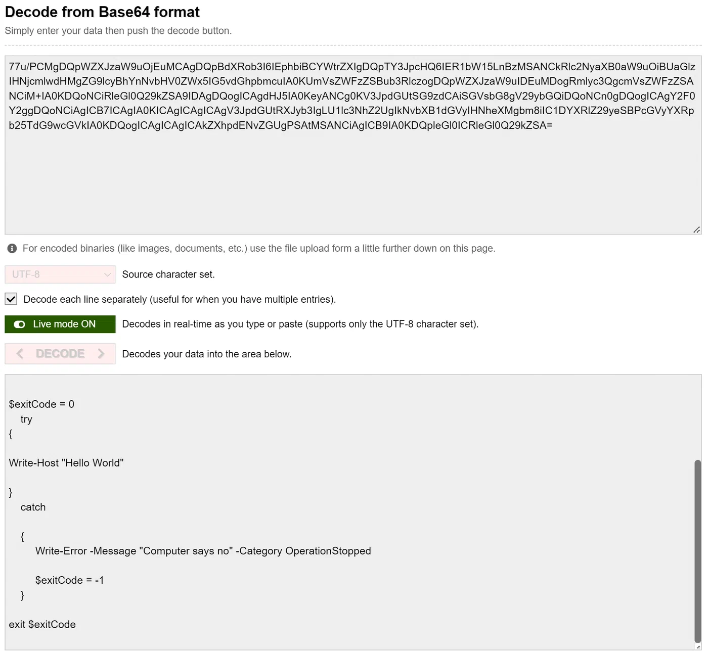 Online Base64 decoder showing the decoded Intune script content