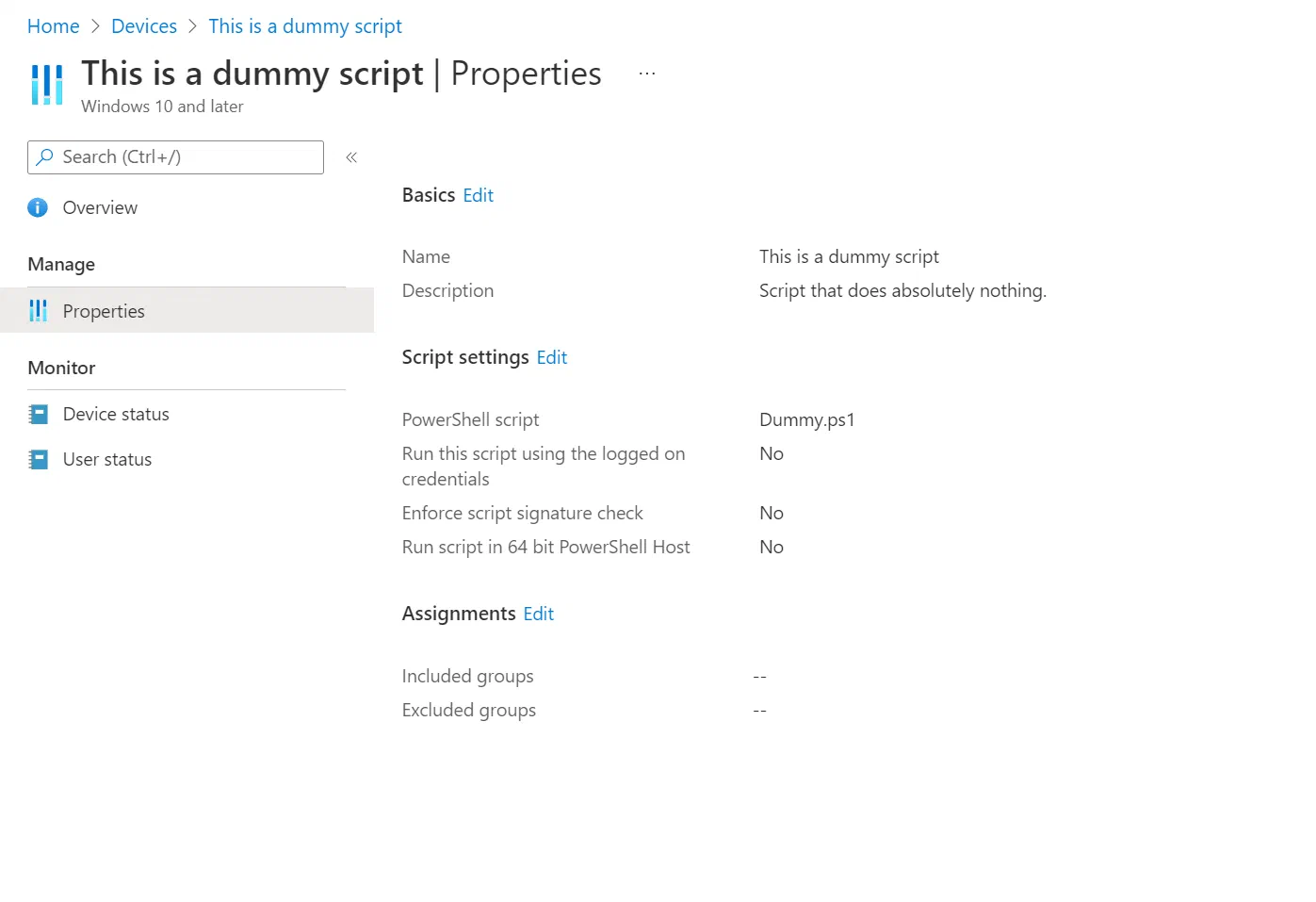 Microsoft Intune portal page for an uploaded PowerShell script