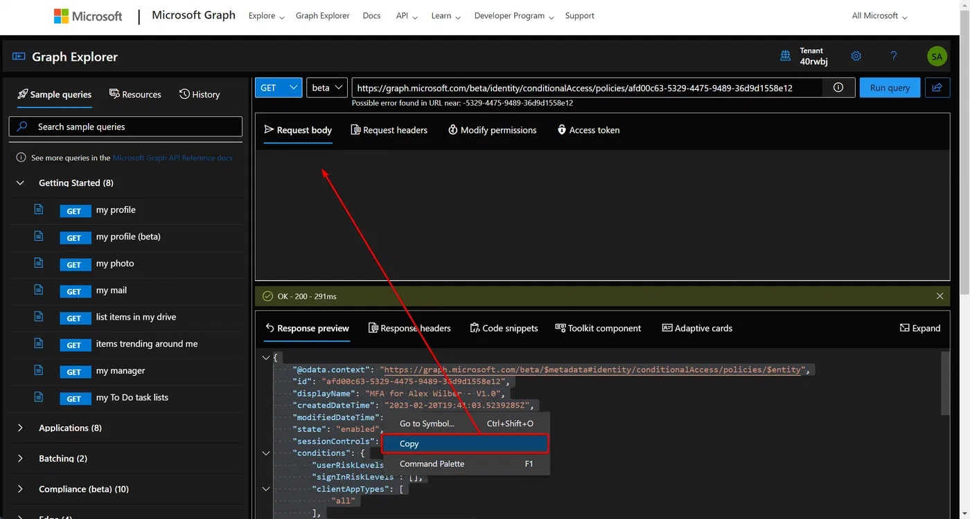 Screenshot related to Duplicate a policy using Graph Explorer and Graph API
