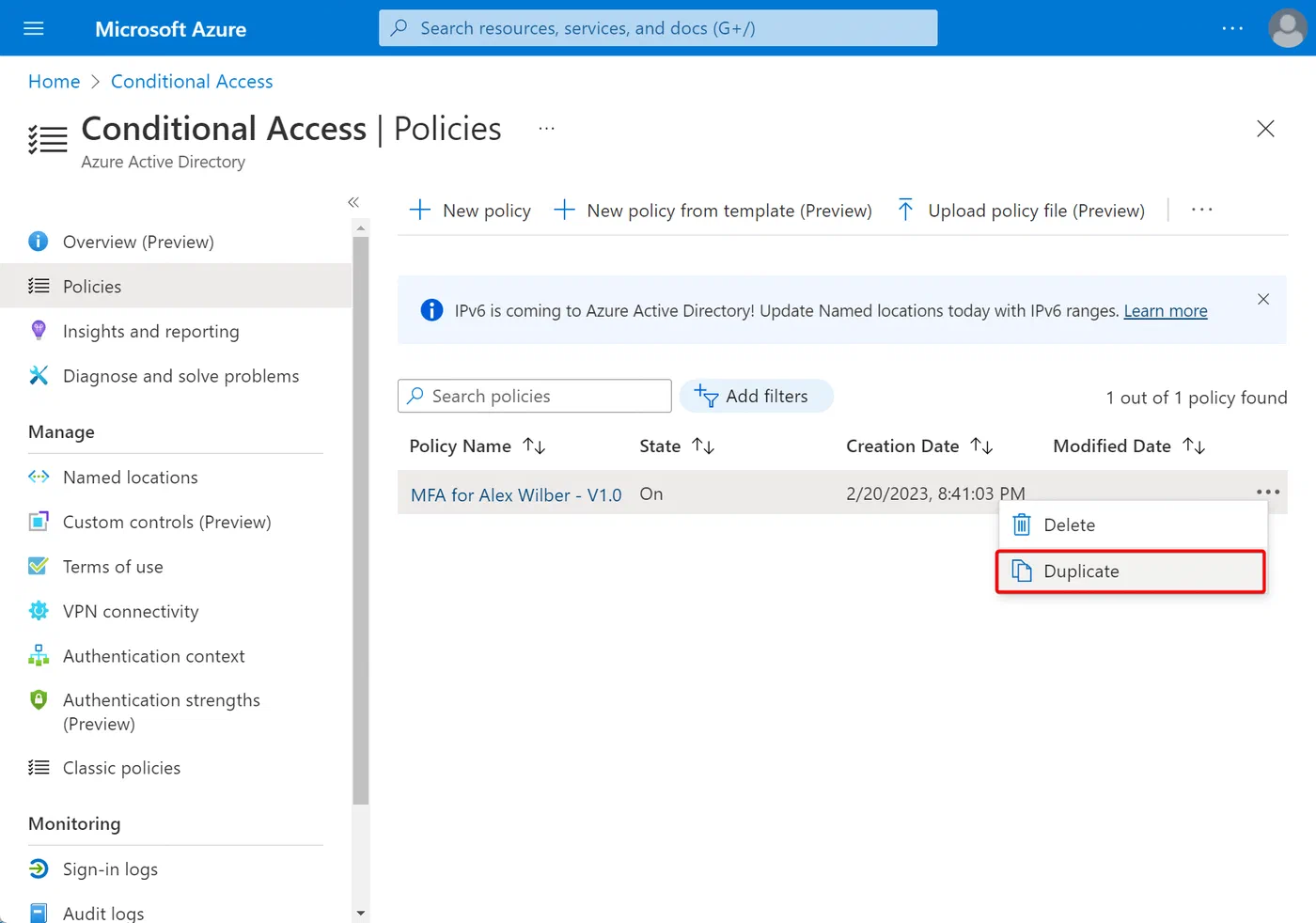 Screenshot related to Duplicate a policy using the Conditional Access UI