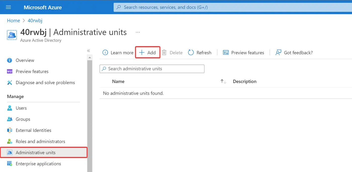 Azure portal page for creating a new administrative unit