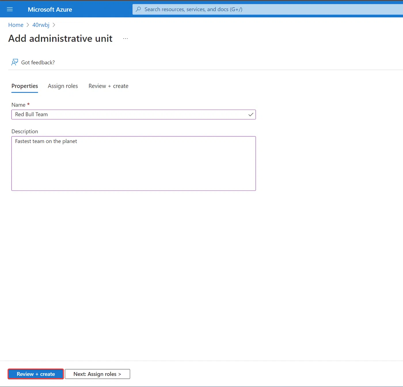 Azure administrative unit creation form with name and description fields