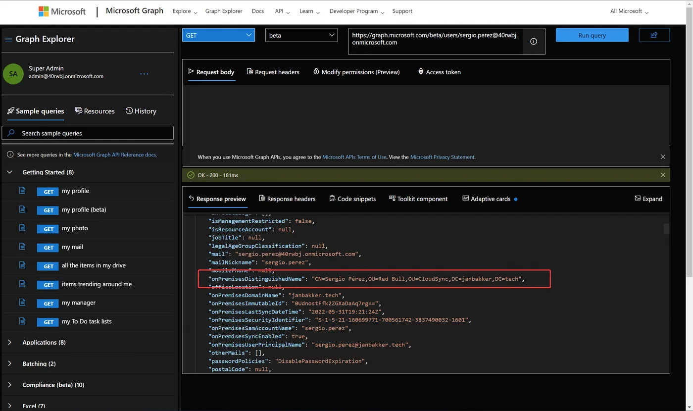Graph Explorer response showing a user’s on-premises distinguished name