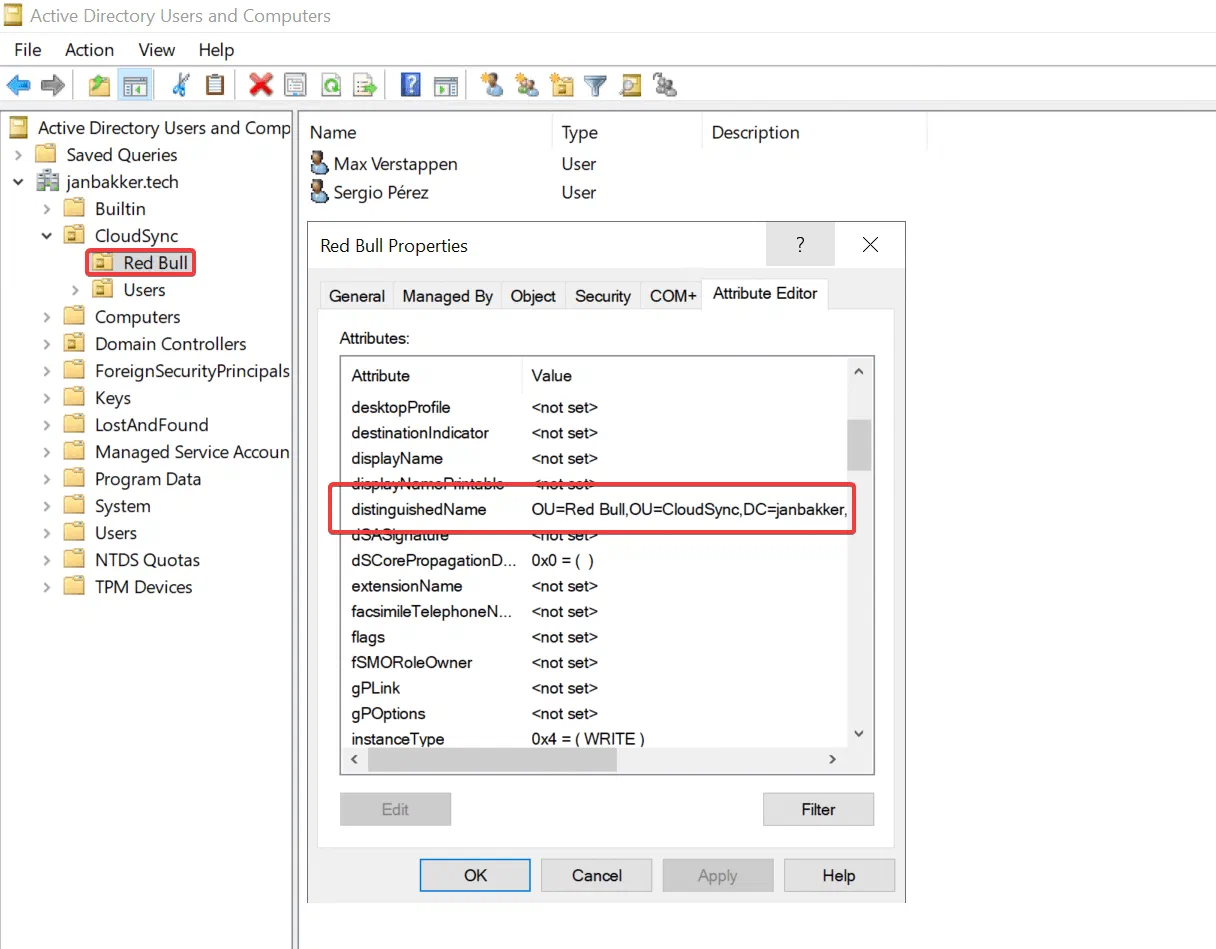 Active Directory OU properties showing the attribute editor tab
