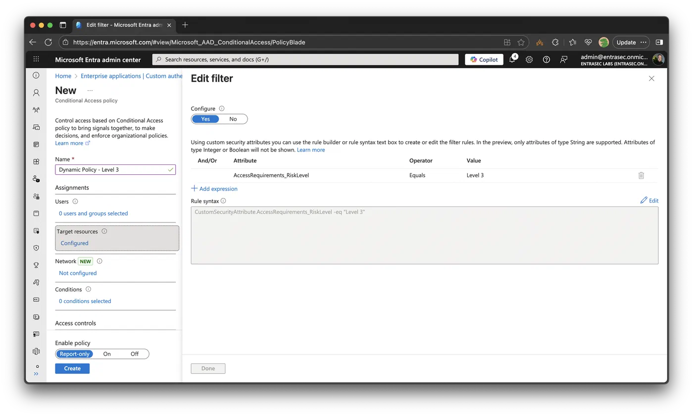 Screenshot showing Dynamic Conditional Access policies with custom security attributes (step 2)