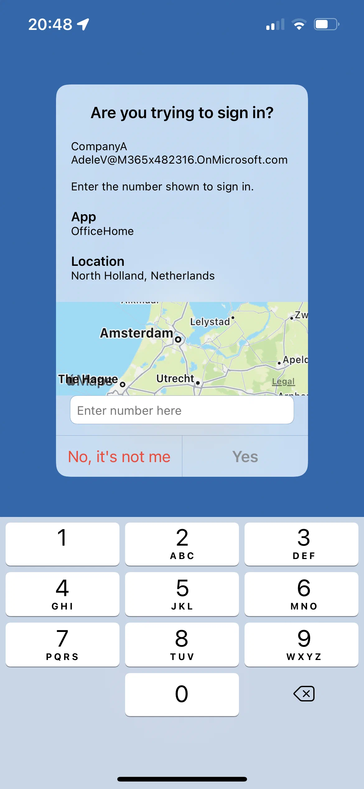 Azure MFA prompt displaying location and app information
