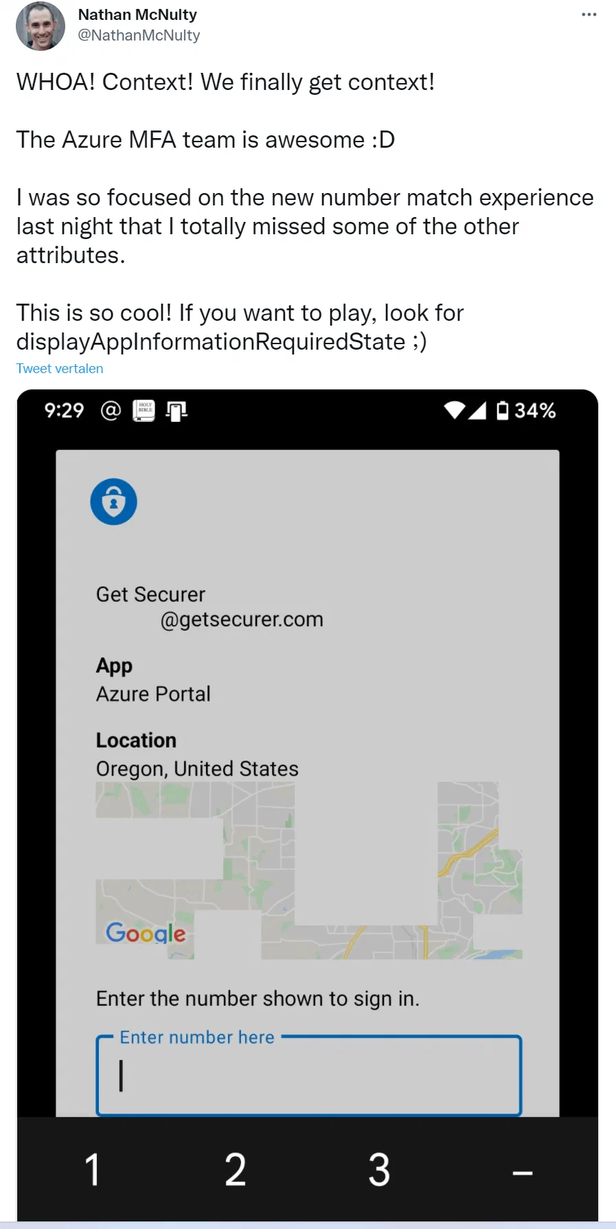 Example message describing number matching for Azure MFA prompts
