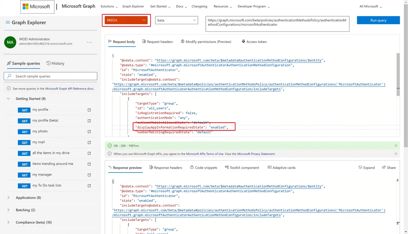 Graph Explorer request enabling number matching for Azure MFA