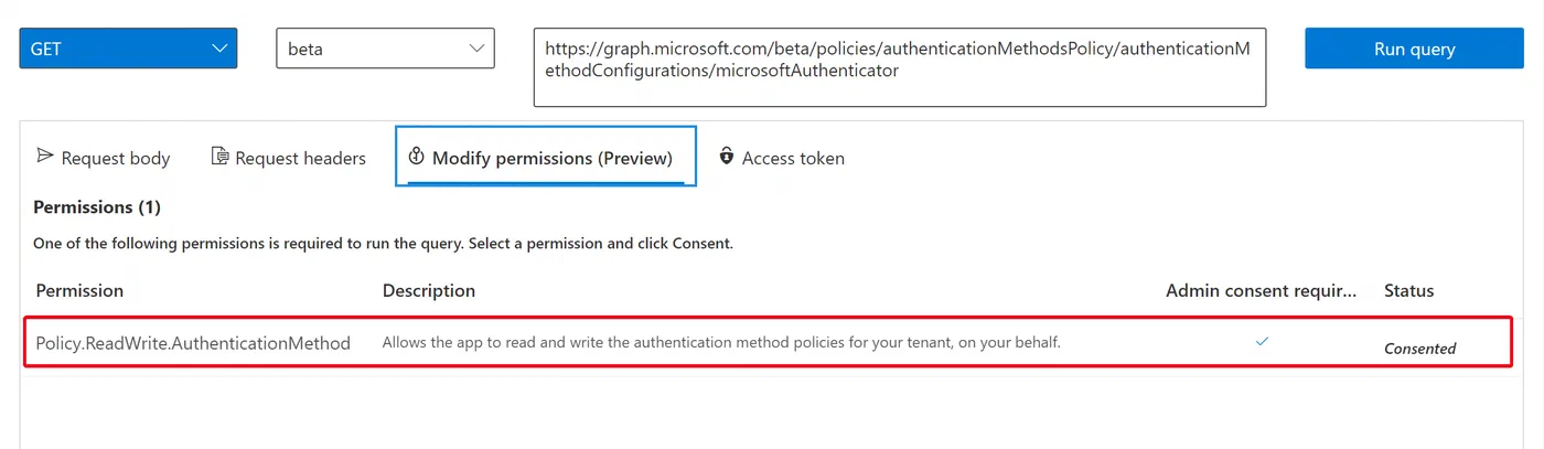 Graph Explorer request for the Microsoft Entra authentication methods policy