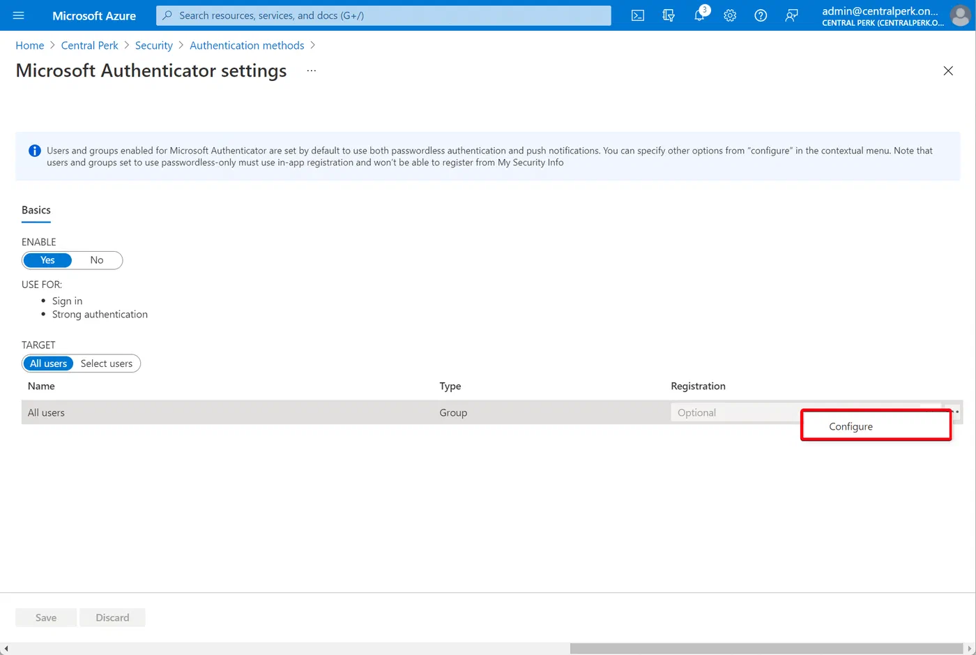 Azure portal Authenticator app policy with location and code match settings
