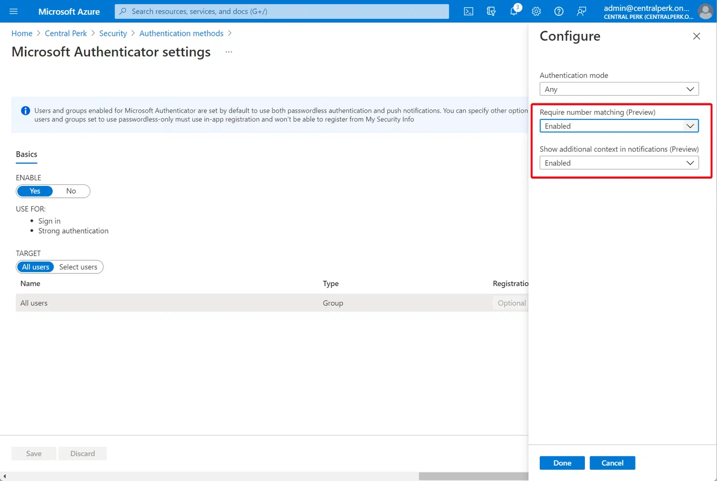 Authentication methods policy showing Microsoft-managed Authenticator app settings
