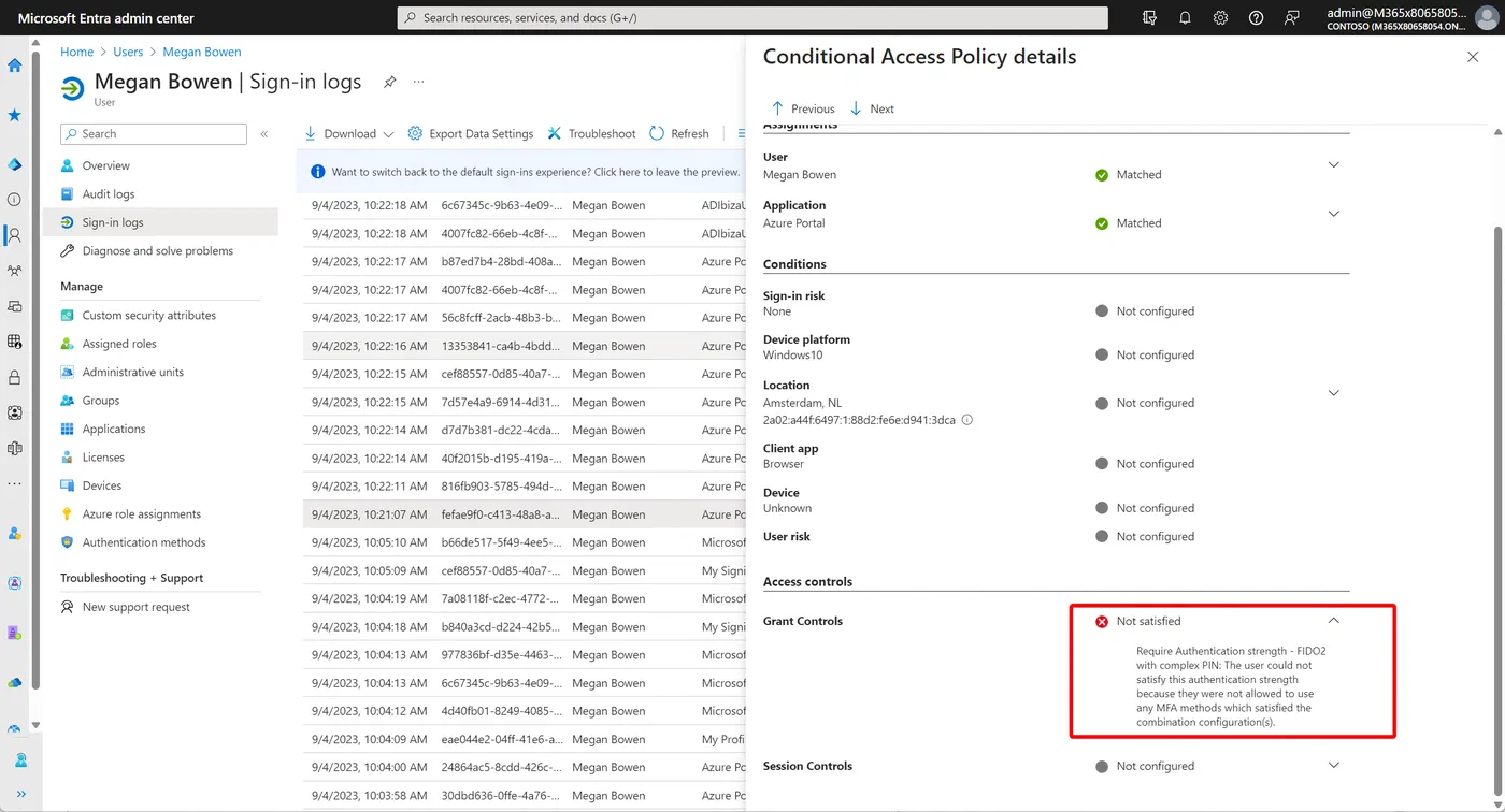 Conditional Access sign-in log showing the enforced authentication policy