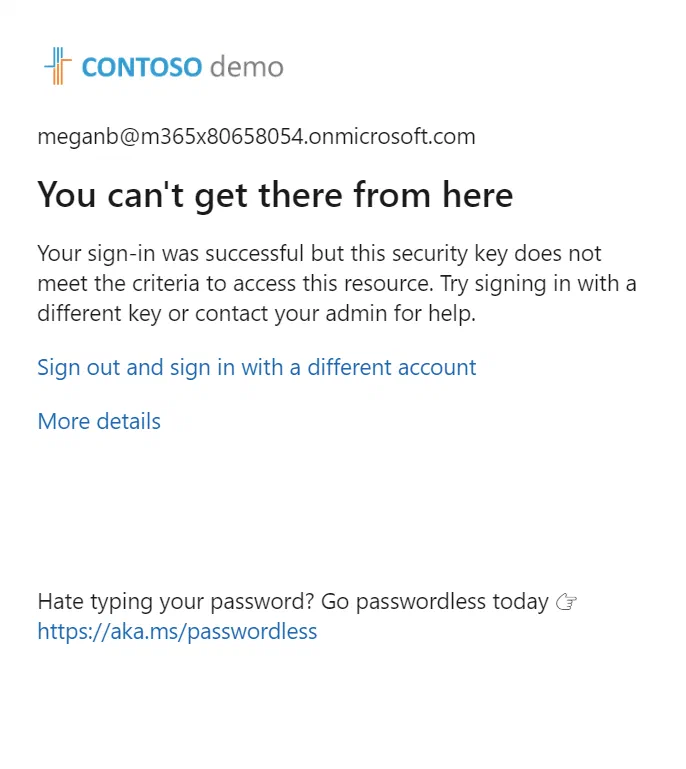 Microsoft Entra sign-in blocked for a non-allowed FIDO security key