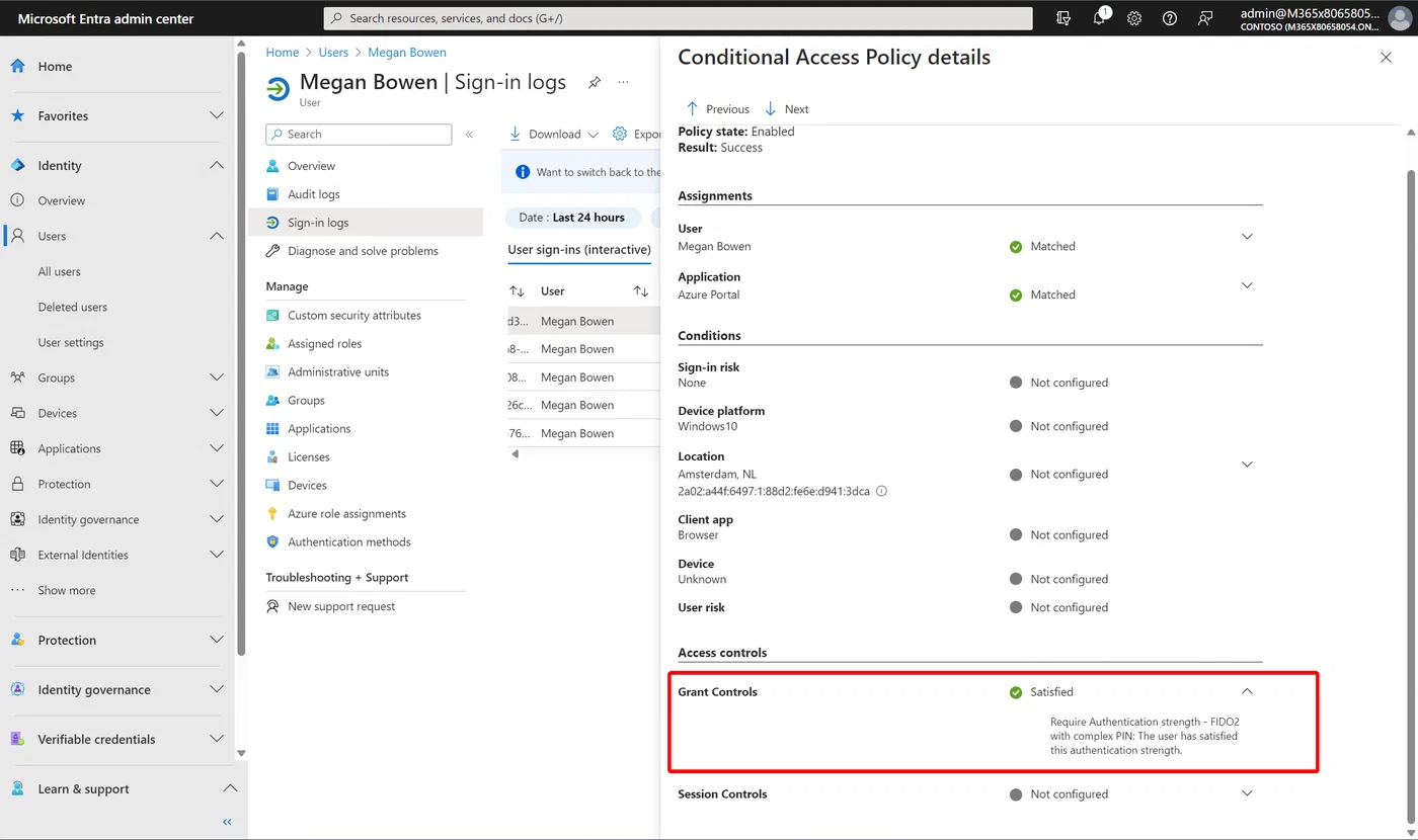 Microsoft Entra sign-in log showing access with the allowed FIDO key