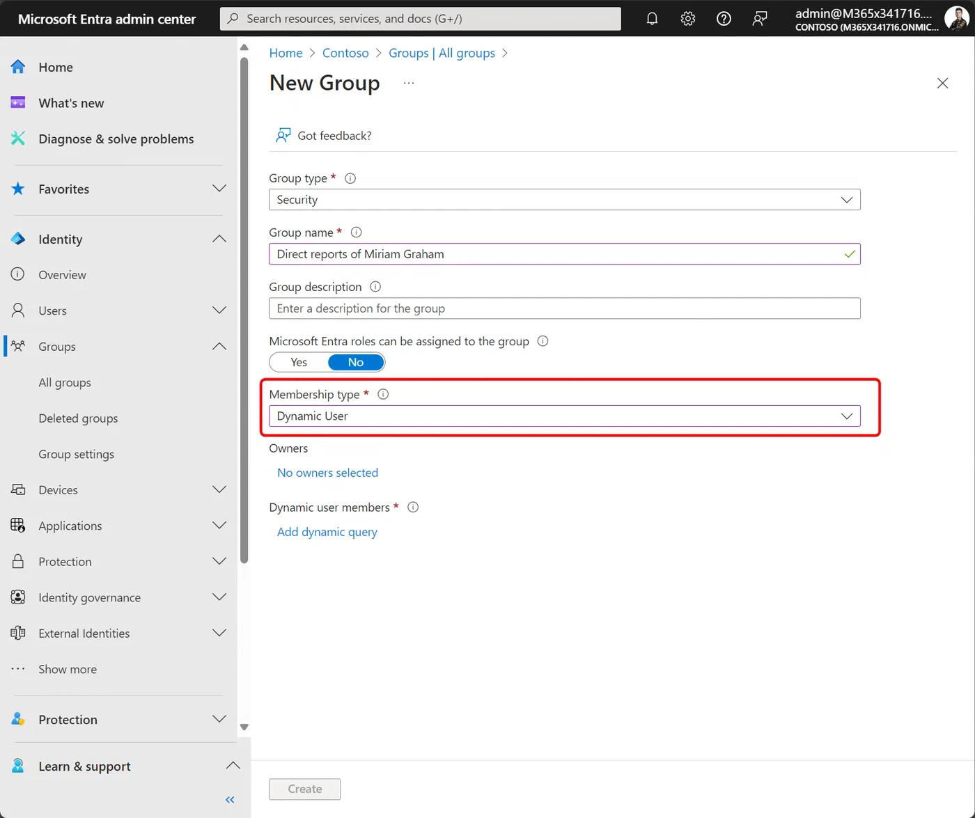 Entra admin center form for creating a dynamic user group