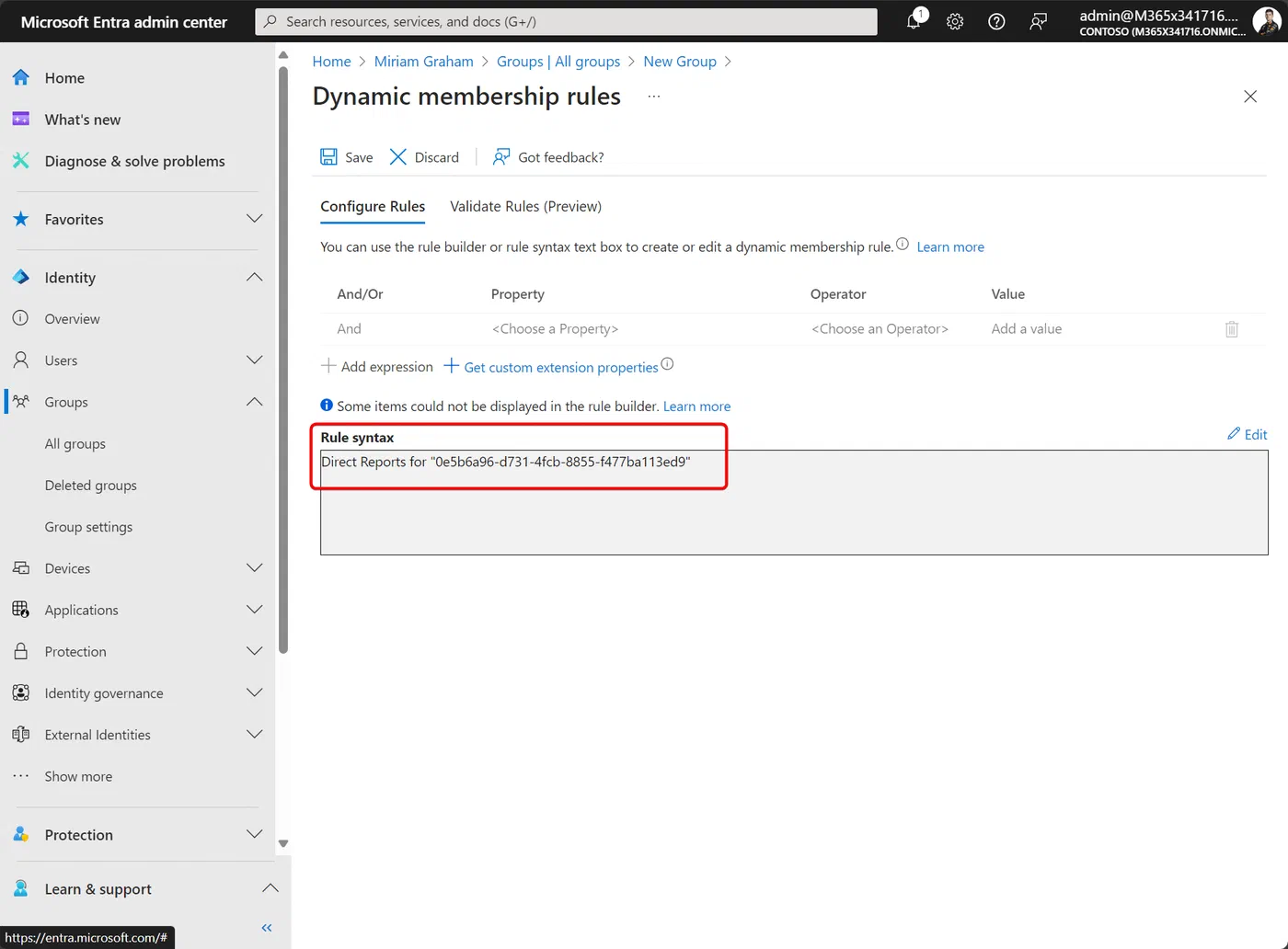 Dynamic group rule syntax for selecting a manager’s direct reports