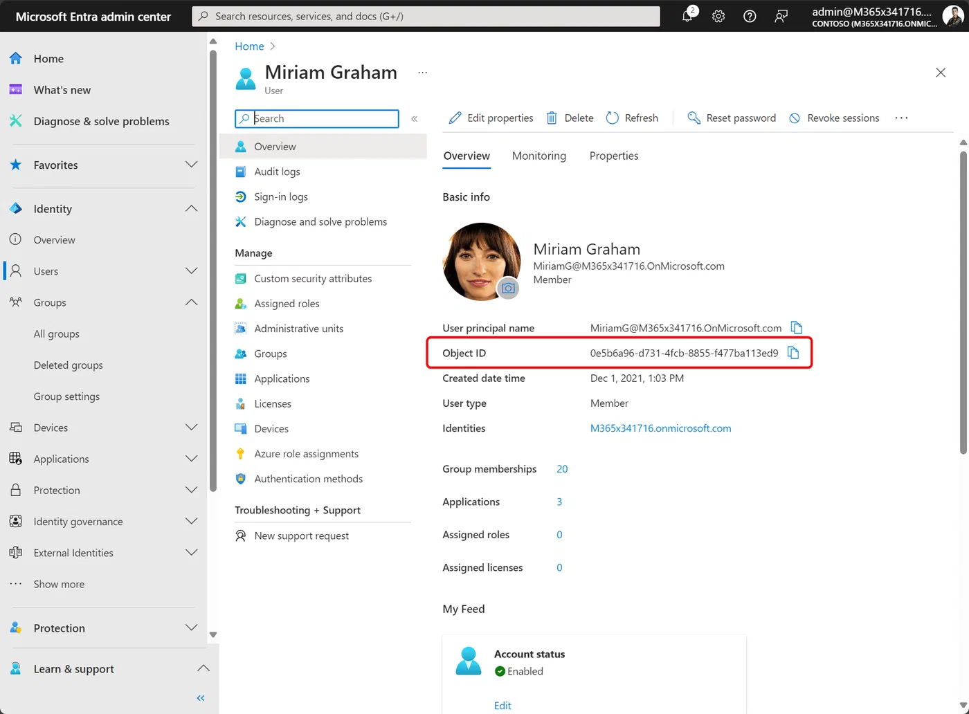 Entra user overview showing the object identifier for a manager