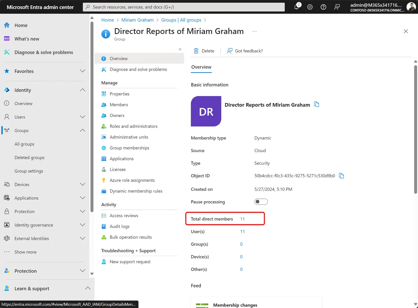 Entra dynamic group membership populated with direct reports