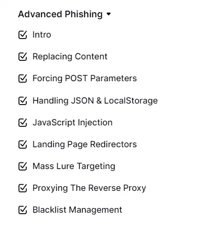 Evilginx Mastery course section covering advanced lure targeting features