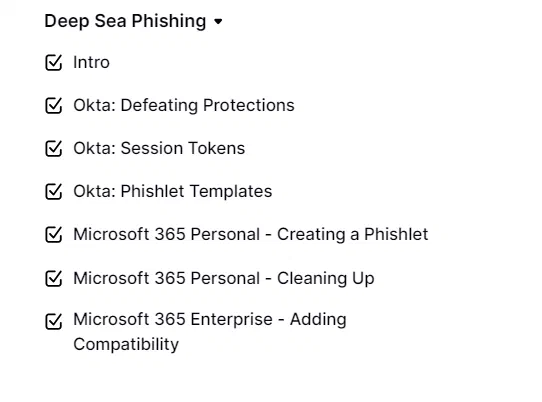 Evilginx Mastery course section covering Microsoft 365 and Okta phishlets