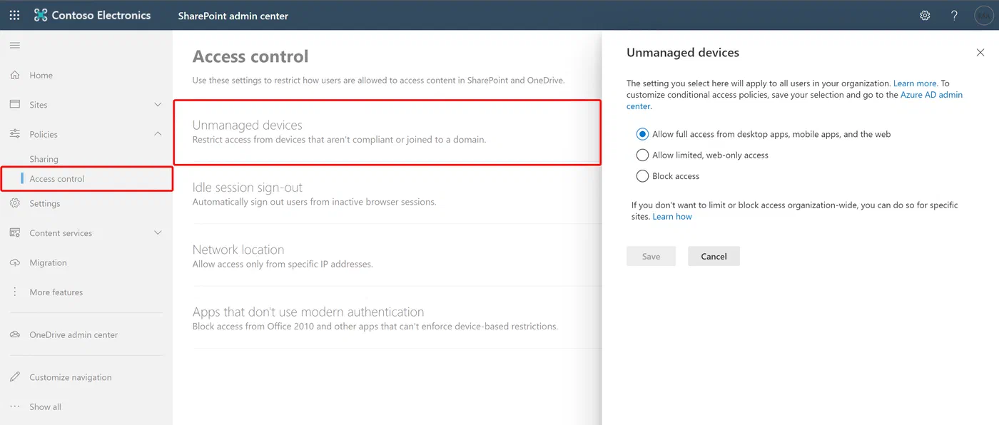 SharePoint access control settings for unmanaged devices