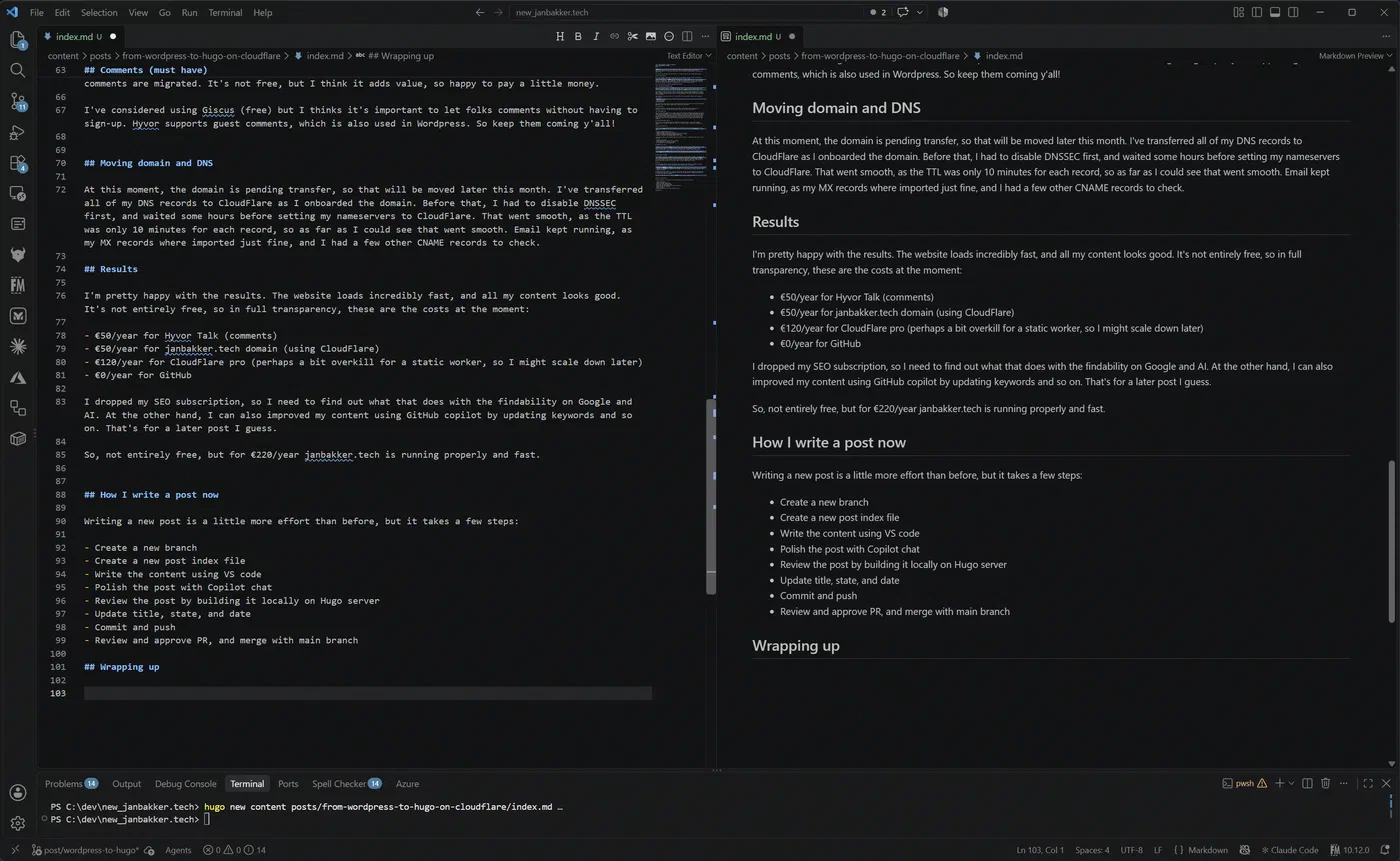 VS Code showing the post in the editor alongside its Markdown preview