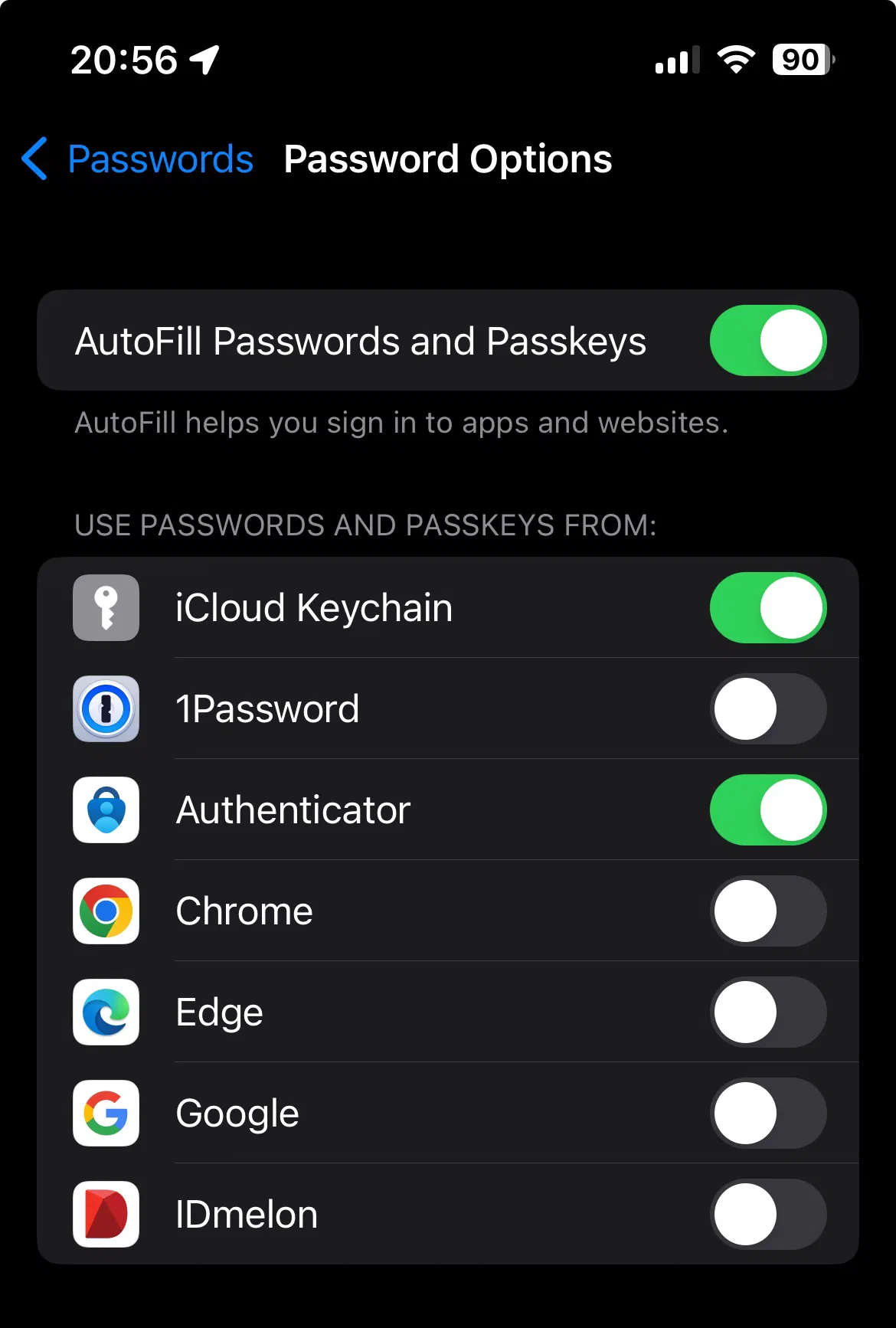 iPhone password settings showing options for using passkeys with Microsoft Authenticator