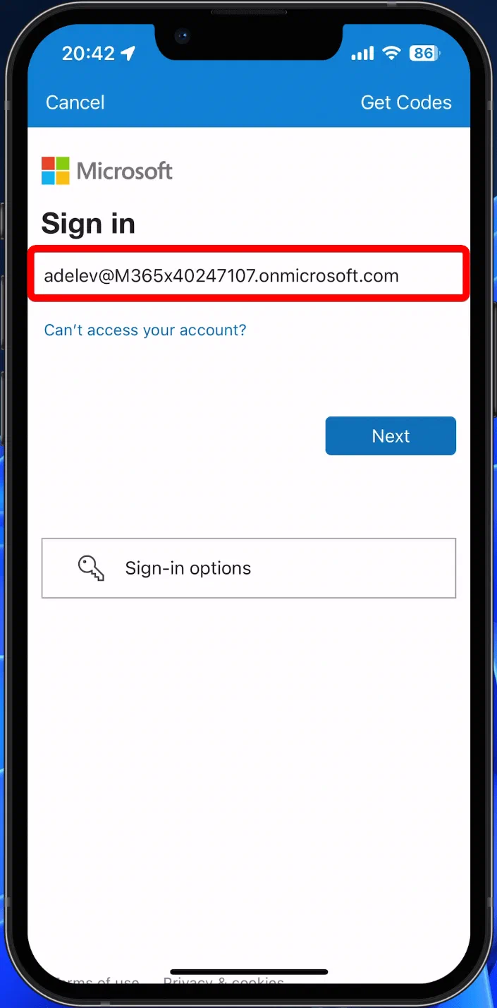 Microsoft Authenticator screen in the direct passkey registration flow