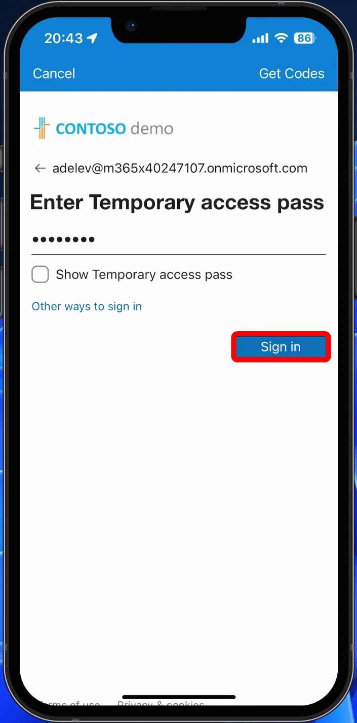 Microsoft Authenticator screen in the direct passkey registration flow